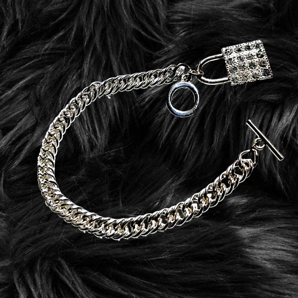 Silver Plated Link Bracelet and Lock Charm with Shiny Rhinestones